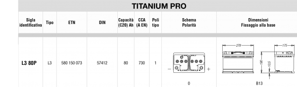 Batteria auto Fiamm titanium L3 80 ah 730 spunto polo positivo dx garanzia 2anni