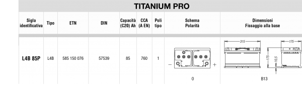 Batteria auto Fiamm titanium L4B 85ah 730 spunto polo positivo dx garanzia 2anni